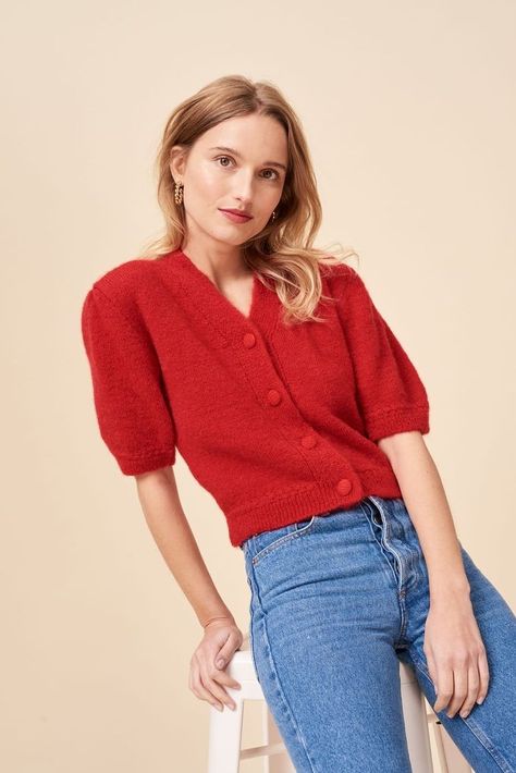 12 European Clothing Brands Women in Their 30s Love | Who What Wear European Clothing Brands, Spanish Clothing, Bohemian Sweater, Puff Sleeve Cardigan, European Outfit, Statement Outfit, Jeanne Damas, Short Puff Sleeve, Estilo Preppy