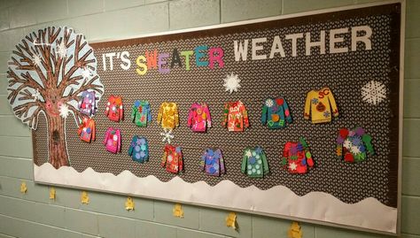 My newest bulletin board "It's Sweater Weather". Sweater Weather Bulletin Board Ideas, Sweater Weather Kids, Christmas Sweater Bulletin Board, Hot Cocoa Bulletin Board Ideas For Kids, Bulletin Board Winter Ideas, Winter Scene Bulletin Board Ideas, January Kindergarten Bulletin Board, Sweater Bulletin Board, Ugly Christmas Sweater Bulletin Board