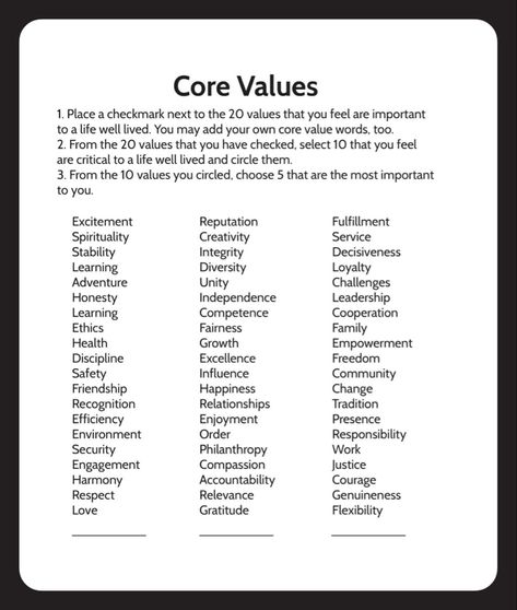 Basic Core Values Exercise Values Exercise, Father Time, Family Health, Life Well Lived, Your Values, Core Values, Psychology Facts, Color Me, Leadership