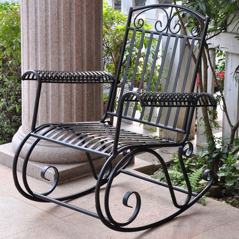 Rocking chair is constructed of durable iron Patio furniture features weather-resistant double powdercoated black finish Outdoor chair glides with a smooth rocking motion Garden Veranda, Metal Rocking Chair, Iron Patio Furniture, Rocking Chair Porch, Wrought Iron Patio Furniture, Porch Rocker, Patio Rocking Chairs, Rocker Chairs, Porch Garden