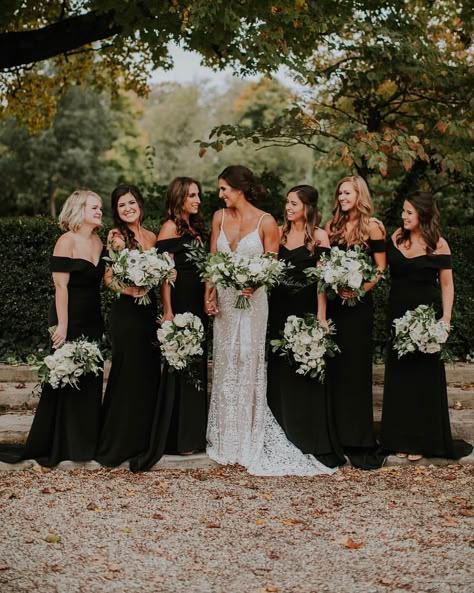 Lovely Leaves: Favorite Bouquets 2018 - Classic Black and White Wedding, Black Bridesmaid Dresses, White and Green Wedding Flowers Wedding Inspo Black Bridesmaid Dresses, Black And White Eucalyptus Wedding, Bridal Party Photos Bridesmaid, Black Bridesmaid Pictures, Riley Thomas Wedding, Black Bridal Party Photos, Monochromatic Wedding Party, Black Wedding Dress White Bridesmaids, Group Coordinating Outfits