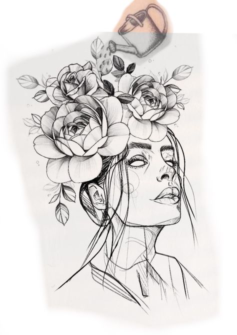 Flower Crown Drawing, 2023 Tattoo, Crown Drawing, Hip Thigh Tattoos, Natural Form Art, Face Line Drawing, Statue Tattoo, Woman With Flowers, Leg Tattoos Women