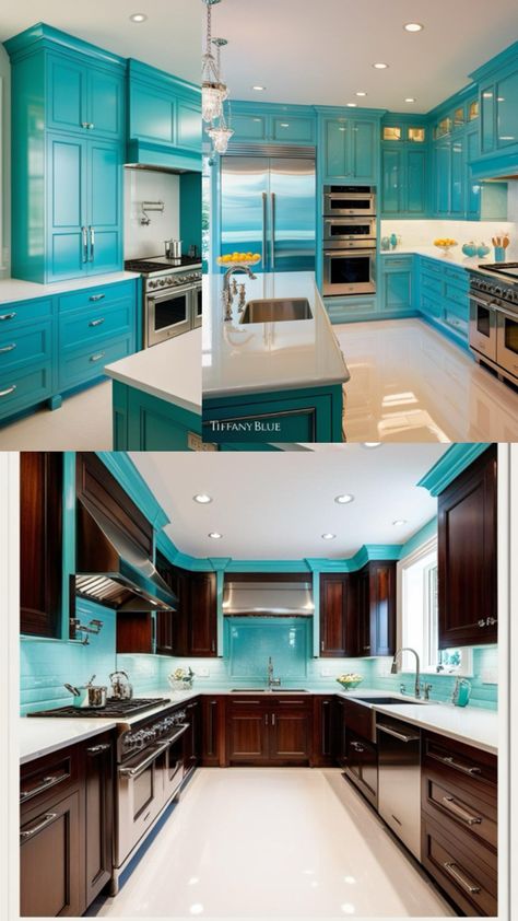 Tiffany blue and silver kitchen design Kitchen Design Elegant, Tiffany Blue Kitchen, Luxury Kitchen Designs, Elegant Kitchen Decor, Glamorous Kitchen, Turquoise Kitchen, Kitchen Upgrades, Blue Kitchen, Luxury Kitchen Design