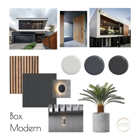 Japandi Exterior House Colors, Exterior Materials For Homes, Exterior Moodboard Architecture, Elevation Mood Board, Exterior Facade Mood Board, Material Palette Architecture Exterior, Exterior Mood Board Home, Exterior Design Mood Board, Japandi Facade Design