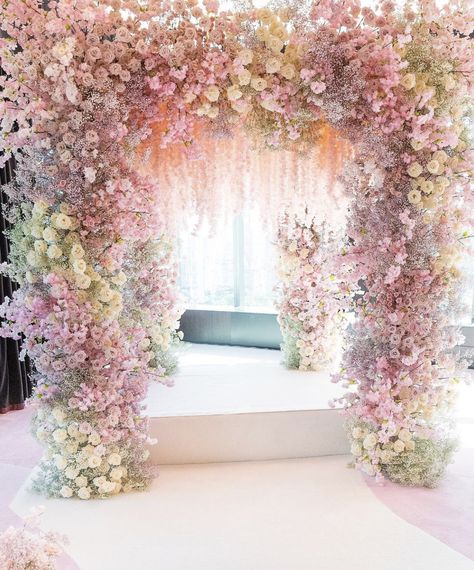 Floral Wedding Aisle, Gold Accents Wedding, Wedding Church Aisle, Wedding Ceremony Decorations Church, Pink Wedding Receptions, Cherry Blossom Theme, Floral Party Decorations, Pink Wedding Decorations, Summer Wedding Decorations