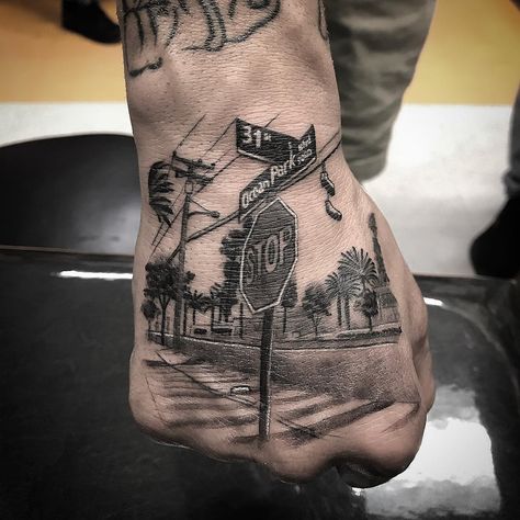 7,789 Me gusta, 111 comentarios - Isaiah Negrete (@booboonegrete) en Instagram: "The #Block ! #Streets #Corner #Signs #SantaMonica On @ajgordinier #HandTattoo" Tattoo 101, Urban Tattoos, Chicanas Tattoo, Couples Tattoos, Gangsta Tattoos, Street Tattoo, Forarm Tattoos, Chicano Tattoos, Tattoo Inspiration Men