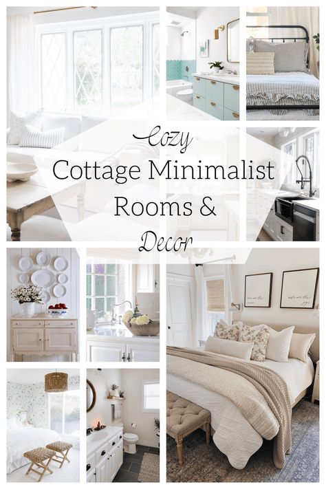 Cozy Cottage Minimalist Rooms & Decor White Cottage Decor Ideas, Minimal Cottage Core Aesthetic, Minimalist Country Cottage, Small Apartment Decorating Cottagecore, Minimal Cottage Decor, Cottage Condo Decor, Minimalist Bedroom Cottagecore, Southern Minimalist Home, Cottage Charm Interior