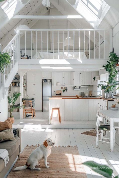 Find peace and simplicity in this all-white shack, complete with a tranquil white loft area for relaxation. Tiny Loft Ideas, Tiny Space Hacks, Loft House Ideas, Barn Loft Apartment, Hacks For Small Spaces, Space Hacks, Tiny House Hacks, Tiny Loft, Cottage Tiny House