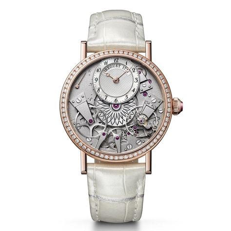 Breguet Tradition Dame 7038 watch for women in white with white watch dial and rose gold and diamond detailing. Partially skeletonised. Alligator strap. The most beautiful women watches at Baselworld 2017 with a high jewellery edge for the luxury lifestyle: http://www.thejewelleryeditor.com/watches/top-5/most-beautiful-womens-watches-baselworld-2017/ #fashion Breguet Watches, White Dial Watch, Fashion Things, Skeleton Watches, Big Watches, Ladies Watches, Fashion Watch, Rose Gold Case, Jewelry Show