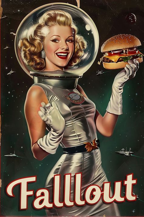 Fallout Pin Up Art, Sci Fi Pinup, Fallout Posters Vintage, 50s Art Vintage Posters, Atompunk Aesthetic, Retro Scifi Art, Fallout Posters, Retro Scifi, Fallout Fan Art