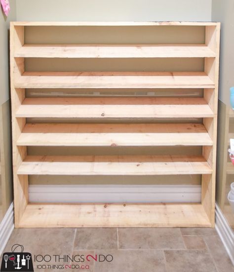 Large shoe rack, super-sized shoe rack, oversized shoe rack, DIY shoe rack, building plans for shoe rack Diy Shoe Rack Ideas, Shoes Organization, Space Shoes, Large Shoe Rack, Diy Wood Pallet, Shoe Organization, Shoes Organizer, Diy Shoe Storage, Wood Shoe Rack