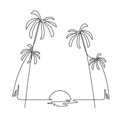 Ocean Whiteboard Drawing, Florida Line Art, Cute Palm Tree Drawing, Vector Line Art Illustration, Palm Tree Sketch Simple, One Line Palm Tree, Arch Line Drawing, Beach One Line Drawing, Hawaii Line Art