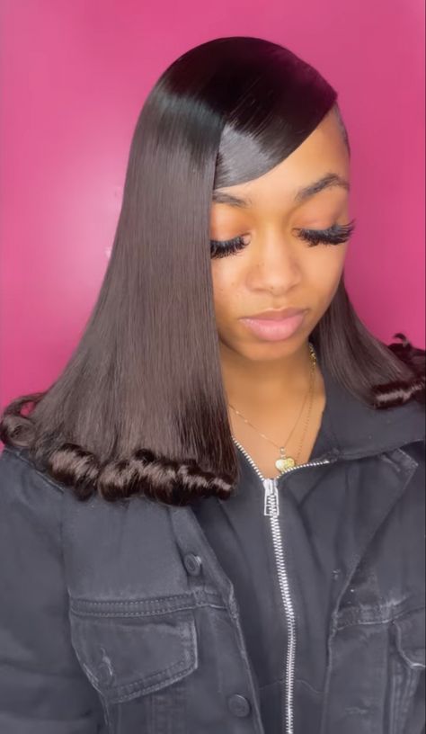 Straight Tracks Hairstyle, Graduation Bob Hairstyles With Cap, Graduation Ponytail With Cap, 90s Swoop Hairstyle Black Women, Swoop With Flipped Ends, Graduation Hairstyles With Cap Black, Mum Backers, Pressed Hairstyles, Slick Buns