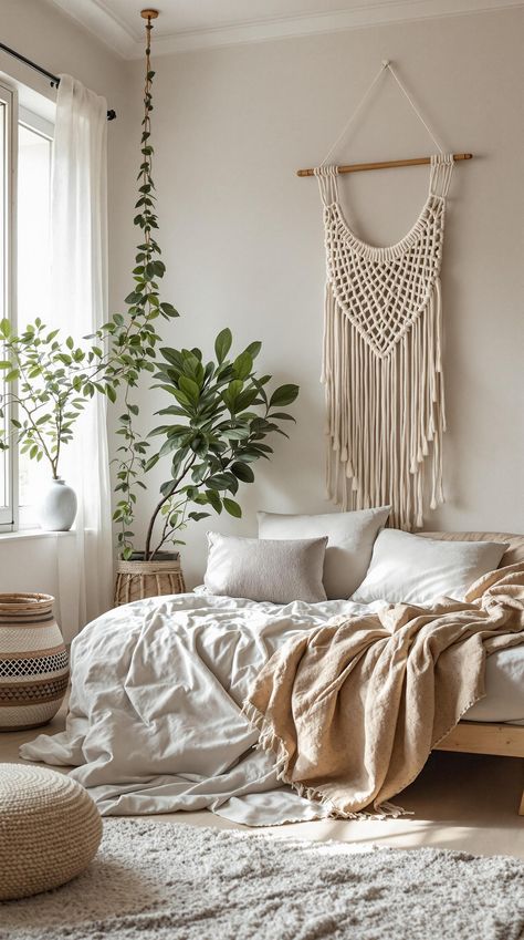 Minimalistic Bedroom Boho Bedroom Minimalist, Eclectic Boho Bedroom, Cozy Farmhouse Bedroom, Headboard Inspiration, Lush Plants, Boho Bedroom Ideas, Bedroom Minimalist, Boho Style Bedroom, Bohemian Living Rooms