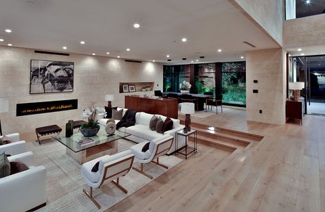 Sunken living room in California luxury home Underroof Living Room, Sunken Living Room Furniture Layout, Sunken Living Room Off Kitchen, Sunken Living Room Open Concept, Raising Sunken Living Room Floors, 80s Sunken Living Room, Leveling A Sunken Living Room, Step Down Living Room Ideas, Vintage Sunken Living Room