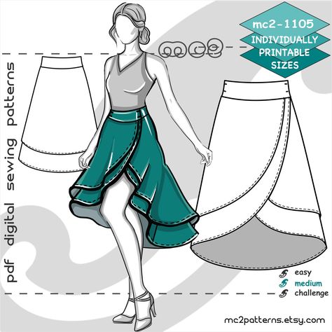 "Digital-PDF pattern for sewing a Flared A-line Wrap Double-Layer Skirt / Shaped Waistband, Dropped Hem & NO side-seams.   UK sizes: 6-8-10-12-14-16-18-20 US sizes: 2-4-6-8-10-12-14-16 To find out which size fits you best - use our MC2 Body Measurements Chart as your size guide (see picture). MATERIALS: Lightweight fabrics - could be the same for both layers OR any desired combination of density and colours. Size UK6: f-1: 110x170cm / 44\"x68\" f-2: 90x130cm / 36\"x52\" Size UK20: f-1: 110x215cm Body Measurements Chart, Pattern For Sewing, Body Measurement Chart, Measurements Chart, Layer Skirt, Sew Ins, Couture Mode, Pattern Steps, Sewing Design