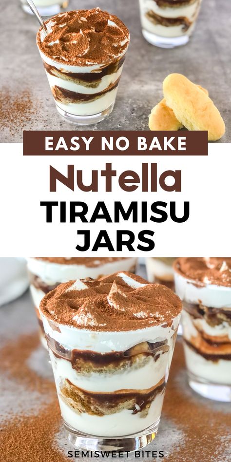 Easy Nutella tiramisu cups are the perfect no bake dessert for dinner parties! They feature coffee-soaked ladyfingers, creamy mascarpone cheese and Greek yogurt, and a Nutella coffee drizzle - topped with whipped cream and cocoa powder. Nutellamisu is a make ahead Nutella dessert recipe everyone will love! Nutella Desserts Easy Quick, Easy Nutella Dessert Recipes, Nutella Dessert Recipe, Nutella Tiramisu, Nutella Pudding, Nutella Dessert Recipes, Nutella Coffee, Tiramisu Cups, Nutella Recipes Easy