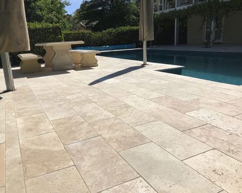 Cream Pavers Patio, Cream Pavers, Pool Flooring, Spanish House Exterior, Travertine Pool Decking, Cream Travertine, Limestone Patio, Travertine Patio, Patio Stone