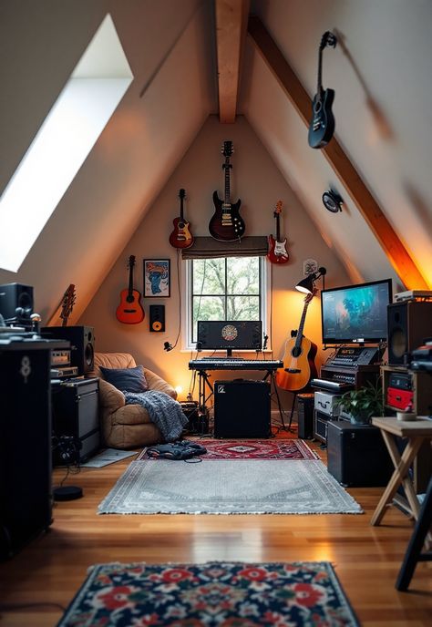 Small attic room ideas Attic Music Room Ideas, Music Room Attic, Attic Recording Studio, Music Room Storage Ideas, Home Office And Music Room Ideas, Attic Chill Room, Apartment Music Studio, Attic Music Studio, Attic Hangout Room Ideas