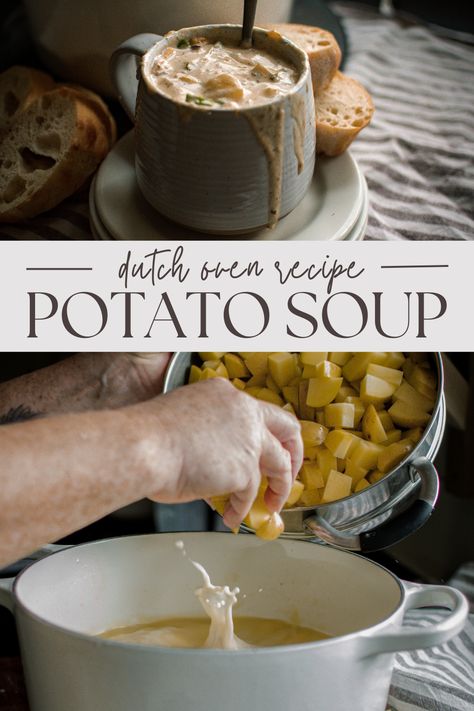 Easy dutch oven potato soup recipe made on the stove top. Delicious Dutch Oven Recipes, Potato Soup Dutch Oven Recipes, Recipes To Make In A Dutch Oven, Monkey Bread Dutch Oven, Dutch Oven Instant Pot, Potato Soup In Dutch Oven, 4 Quart Dutch Oven Recipes, 7 Qt Dutch Oven Recipes, Dutch Oven Seafood Recipes