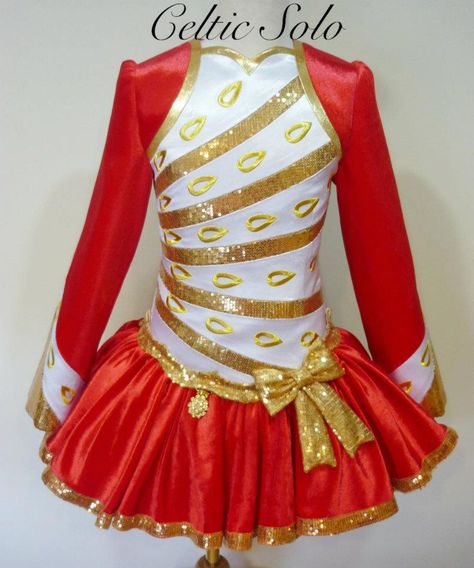 Celtic Solo. So stinkin' cute.  Red, white, gold Irish dance solo costume Majorette Costumes, Solo Dance Costumes, Magical Clothes, Irish Dance Costume, Celtic Dress, Irish Dance Solo Dress, Future Costume, Dance Solo, Solo Dress