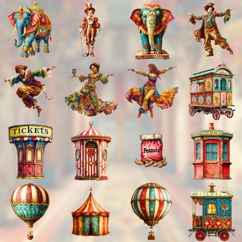 VICTORIAN CIRCUS EMBELLISHMENTS, Clip Art With Transparent Background, Add Ons Available, Circus Collage Supplies, Circus Card Making, - Etsy Victorian Circus Aesthetic, Vintage Circus Aesthetic, Circus Collage, Circus Core, Circus Printables, Fair Pics, Shrine Art, Victorian Circus, Circus Props