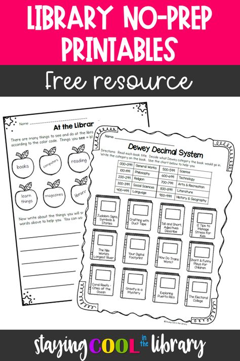 2nd Grade Library Lessons, Library Media Specialist Elementary, Library Skills Worksheets Free Printable, Fall Library Lessons, Library Coloring Pages For Kids, Free Library Printables, Library Lessons Elementary Free, Library Activities For Middle School, Library Activities Elementary