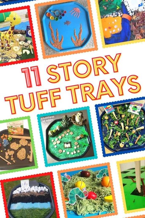 11 Story Themed Tuff Tray Ideas Story Telling Week Activities Eyfs, Story Telling Week Activities, Story Tables Preschool, Eyfs Story Activities, Book Week Tuff Tray Ideas, World Book Day Activities Preschool, Inspire My Play Tray Ideas, Toddler Storytime Ideas, World Book Day Activities For Toddlers