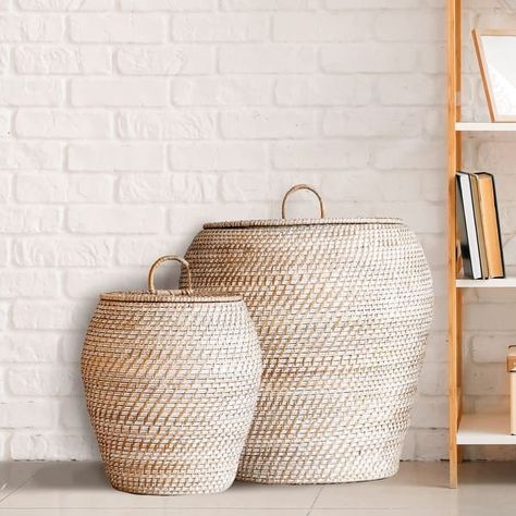 Hand-Woven Rattan Wicker Storage Baskets with Lids, Set of 2 - On Sale - Bed Bath & Beyond - 33746523 Baskets With Lids For Storage, Basket With Lid Storage, Decorative Laundry Baskets, Rattan Laundry Basket, Baskets With Lids, Wicker Storage Baskets, Birds Wings, Bathroom Organizing, Austin House