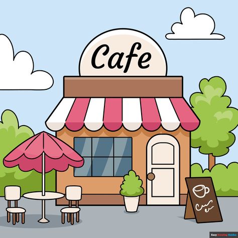 Learn to draw a Cafe. This step-by-step tutorial makes it easy. Kids and beginners alike can now draw a great Cafe. Coffee Shop Drawing, Cafe Drawing, Cafe Pictures, Shop Drawing, Coffee Drawing, Creative Drawing Prompts, Cute Cafe, Drawing Tutorial Easy, Book Drawing