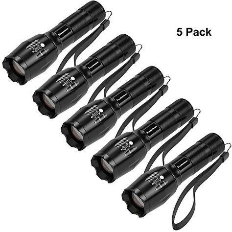 5 Pack, Pocketman T6 1200 Lumens Led Tactical Flashlight Water Resistant Handheld Torch with 5 Modes and Adjustable Focus(New Version) 12 Dimensions, Hiking Essentials, Tactical Flashlight, Camping Lights, Hunting Gear, Camping Survival, Emergency Lighting, Led Flashlight, Tactical Gear