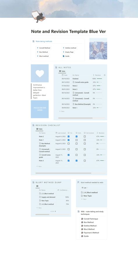 Note Taking Notion Template, Notion Note Taking, Notion Beginner, Cornell Notes Aesthetic, Notion Blue, Revision Methods, Writing Notion, Blurting Method, Revision Checklist