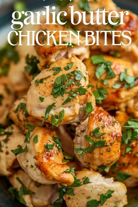 Garlic butter chicken bites garnished with parsley on a plate. Chunks Of Chicken Recipes, Crockpot Butter Chicken Recipes, Garlic Butter Chicken Skewers, Easy Garlic Chicken Recipes, Chicken Chunks Recipe, Butter Chicken Recipe Crockpot, Easy Garlic Butter Chicken, Garlic Chicken Recipes Easy, Garlic Butter Chicken Bites