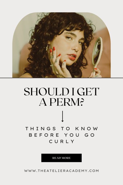 Should I get a Perm? Things to Know Before you Go Curly. Read More. Www.theatelieracademy.com. A brunette woman with curly hair, tattoos, and red lipstick looks into the camera while holding a mirror. Different Style Perms, Perms Before And After Medium Length, Partial Perm Before And After, Perm Types Waves, Permed Hair Before And After, Perm Care Routine, Perms For Fine Hair Before And After, Different Perm Curls Types Of, Perm On Medium Length Hair