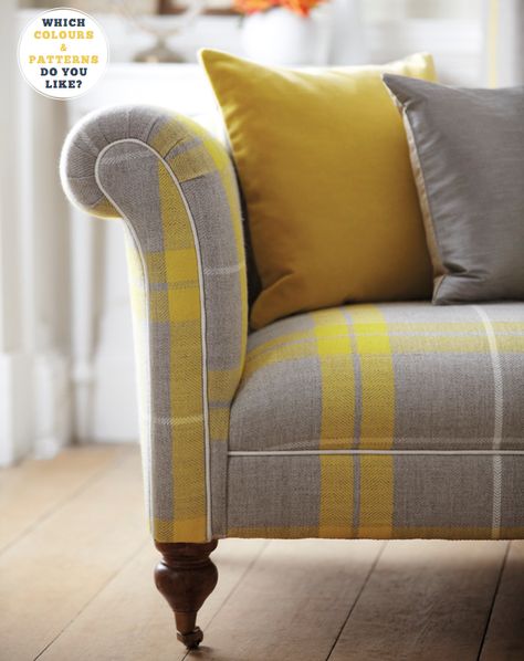 yellow/grey plaid sofa... love this peice Plaid Couch, Grey Cottage, Gathering Storm, Plaid Sofa, Yellow Couch, Autumn Farmhouse, Yellow Cottage, Sofa Fabric, Cottage Charm