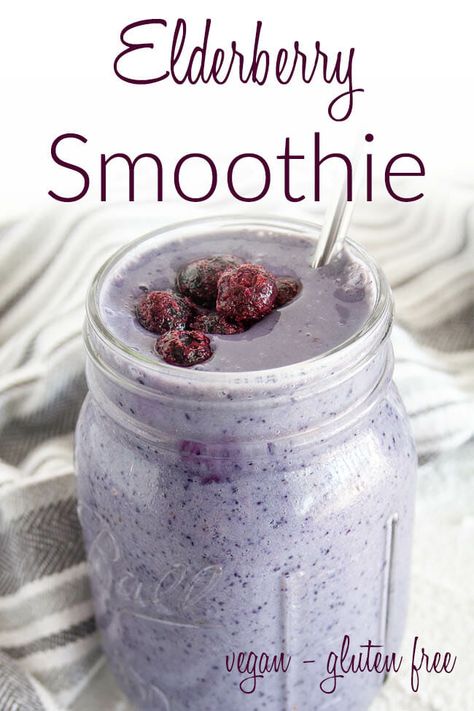 Elderberry Smoothie (vegan, gluten free) - This healthy smoothie is a great addition to your routine. It's perfect for extra seasonal support. #elderberrysmoothie #vegansmoothie Elderberry Smoothie, Smoothie Shack, Vegan Beverages, Gut Recipes, Healthy Beverages, Elderberry Recipes, Moon Milk, Green Juices, Smoothie Ideas