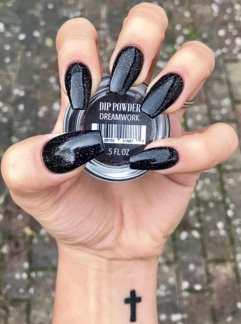 Goth Dip Nails, Dip Powder Black Nails, Goth Dip Powder Nails, Black Sparkle Dip Nails, Revel Nail Dip Powder Ideas Halloween, Revel Nail Dip, Revel Nail Dip Powder, Best Gel Nail Polish, Beachy Nails