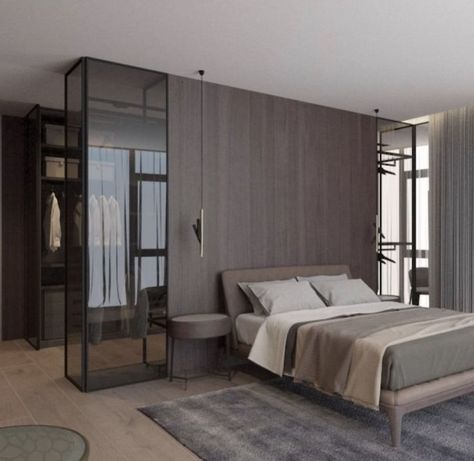 Wardrobe Design Corridor, Dressing Behind Bed, Luxury Bedroom Color Schemes, Bedroom Walk In Closet Behind Bed, Bedroom With Partition, Walk In Wardrobe Behind Bed, Wardrobe Behind Bed, Closet Behind Bed, Sleeping Room Design