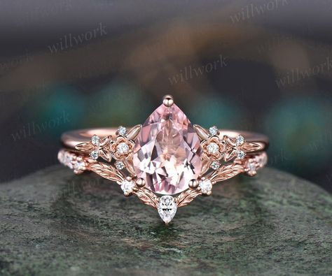 Vintage Pear Pink Morganite Engagement Ring Floral Leaf Diamond Ring Solid 14k Rose Gold Nature Inspired Bridal Wedding Ring Set Women - Etsy Morganite And Gold Engagement Ring, Wedding Rings Pear Rose Gold, Morganite Earrings Rose Gold, Pink And Gold Wedding Ring, Fairytale Wedding Ring, Wedding Rings Pink, Engagement Rings Pink, Pink Wedding Ring, Pink Moissanite Engagement Ring