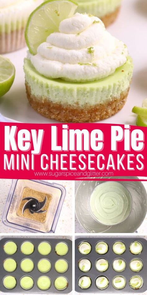 Transport your tastebuds to the Florida Keys with this sweet, pleasantly tart and creamy Mini Key Lime Pie Cheesecake recipe. It combines the unmistakably tropical flavor of a tart key lime pie with the rich creaminess of cheesecake to create one irresistible summer dessert. Summer Sweets Desserts, Summer Time Food Ideas, Mini Key Lime Pie Recipe, Summer Flavors Desserts, St Patrick Recipes Desserts, Keylime Dessert, Party Appetizers Summer, Triple Decker Key Lime Pie, Limes Recipes