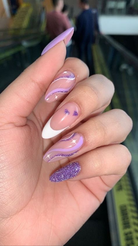 Nail Design On Almond Shape, Pink Nails With Sparkle Tips, Purple Almond Acrylic Nails Ideas, Purple Reflective Nails, Purple Prom Nails Almond, Gel Nails Almond Purple, Almond Acrylic Nails Designs Purple, Purple Nail Art Designs Acrylics, Pretty Purple Nail Designs