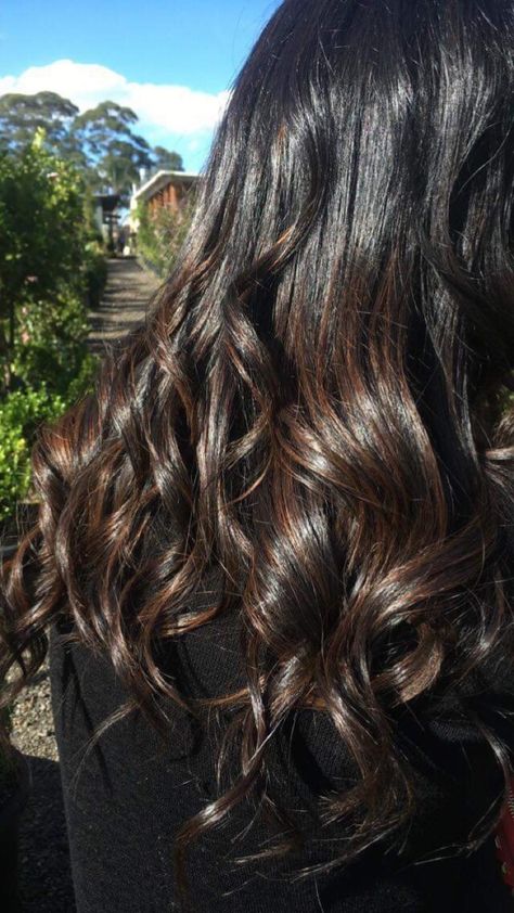 My first balayage! Chocolate brown on black hair 💖 Brown On Black Hair, Chocolate Balayage On Black Hair, Brown Chocolate Hair, Hair Balayage Black, Balayage Chocolate Brown, Balayage Chocolate, Black Hair With Brown Highlights, Balayage Black, Chocolate Balayage