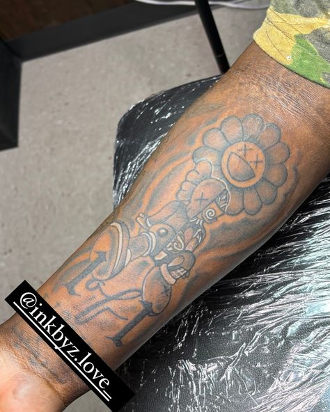 Kaws Theme 1 Of 1 Tattoo �❌ No Neck Tattoos 📍 New Ink Tattoo Shop #newink #shreveporttattooartist #bossiertattooartist #tattoos #femaletattooartist #kawstattoo #lowerarmsleeve Kaws Tattoo Design, 1of1 Tattoo, Kaws Tattoo Sleeve, 1 Of 1 Tattoo, Kaws Tattoo, Best Tattoo Ever, Neck Tattoos, Female Tattoo Artists, 1 Tattoo