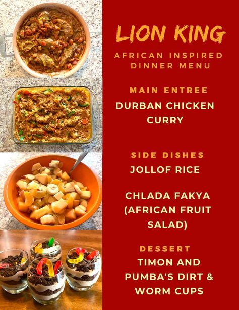 Lion King African Inspired Dinner Menu The Lion King Themed Dinner, Disney Dinner Recipes From Movies, Disney Movie Night Menu Lion King, The Lion King Movie Night, Lion King Dinner Ideas, Disney Dinner And Movie Night Ideas, Lion King Dinner And A Movie, Lion King Themed Food, Lion King Themed Dinner