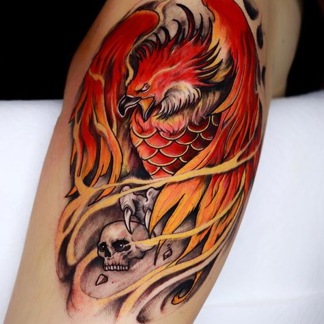 Phoenix Tattoo Old School, Traditional Phoenix Tattoo Old School, Neo Traditional Phoenix Tattoo, Pheonix Tattoo Neo Traditional, New School Phoenix Tattoo, Neo Traditional Fox Tattoo Design, Phoenix Tattoo Arm, Asian Artwork, Mythical Birds