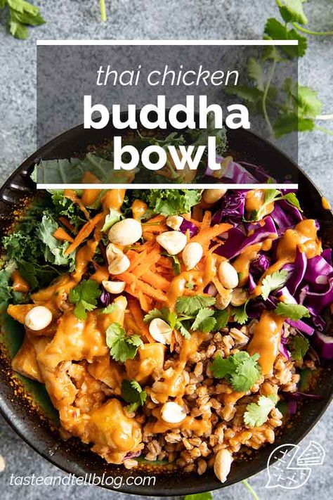 Filled with veggies, hearty farro and a spicy chicken, this Buddha Bowl with Thai Chicken will leave you craving for more. Don’t forget the spicy peanut sauce! #recipe #healthy #mealprep #chicken Mealprep Chicken, Chicken Bowls Healthy, Poke Bowl Recipe, Chicken Bowl Recipe, Thai Peanut Chicken, Buddha Bowls Recipe, Delicious Meal Prep, Peanut Sauce Recipe, Healthy Bowls Recipes