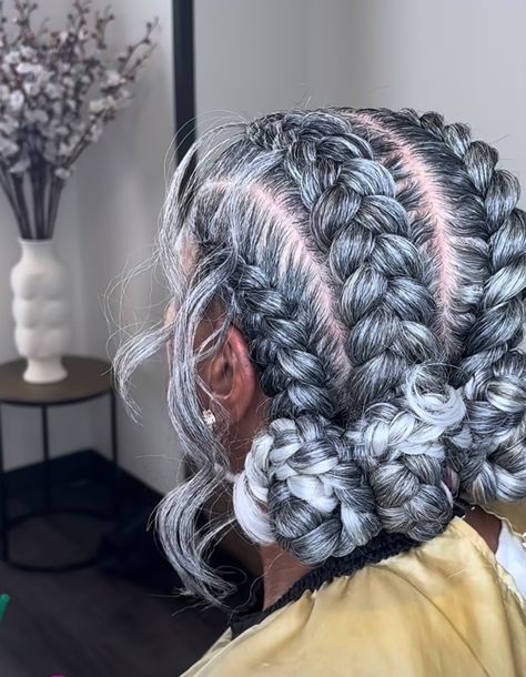 Braids With Grey Highlights, Faux Locs Styles, Hair Color For Dark Skin, Granny Hair, Grey Highlights, French Braids, Girl Braids, Headpiece Hairstyles, Short Braids