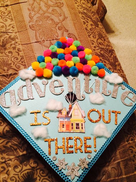 I decorated my graduation cap up-style!!! Up Graduation Cap, Disney Library, Disney Grad Caps, High School Graduation Cap Designs, Disney Graduation Cap, Teacher Graduation Cap, Creative Graduation Caps, Disney Graduation, College Grad Cap Ideas