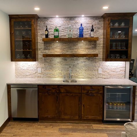 Wet Bar for Your Custom Basement Remodel - South Metro Custom Remodeling, Inc. - Custom Basement Remodeling Dry Bar With Shelves, Wet Bar Beside Fireplace, Game Room Wet Bar Ideas, Basement Bar Against Wall, Dry Bar In Basement, Basement Bar With Wine Cellar, Floating Shelves Wet Bar, Basement Bar Backsplash, Wet Bar Basement Ideas