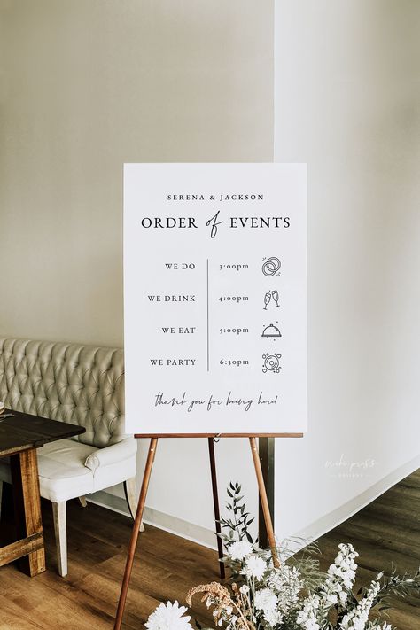 Wedding Order of Events Sign Template - With this template, you can edit all background colors, font colors, fonts, font sizes, and text! Note: This is an EDITABLE TEMPLATE. No physical product will be shipped to you. 🧡 MATCHING ITEMS: https://etsy.me/3n7z5CA 🧡 TRY BEFORE YOU BUY: https://www.corjl.com/d/4AFO3  WHAT YOU WILL RECEIVE  A DIY customizable template in the following sizes: * 18x24" * 24x36" * 80+ wedding icons to choose from  HOW TO ORDER  ① Purchase your template ② A message from Order Of Events Wedding, Wedding Timeline Sign, Order Of Events Sign, Wedding Order Of Events, Order Of Events, Wedding Icon, Wedding Signs Diy, Wedding Budget, Event Sign